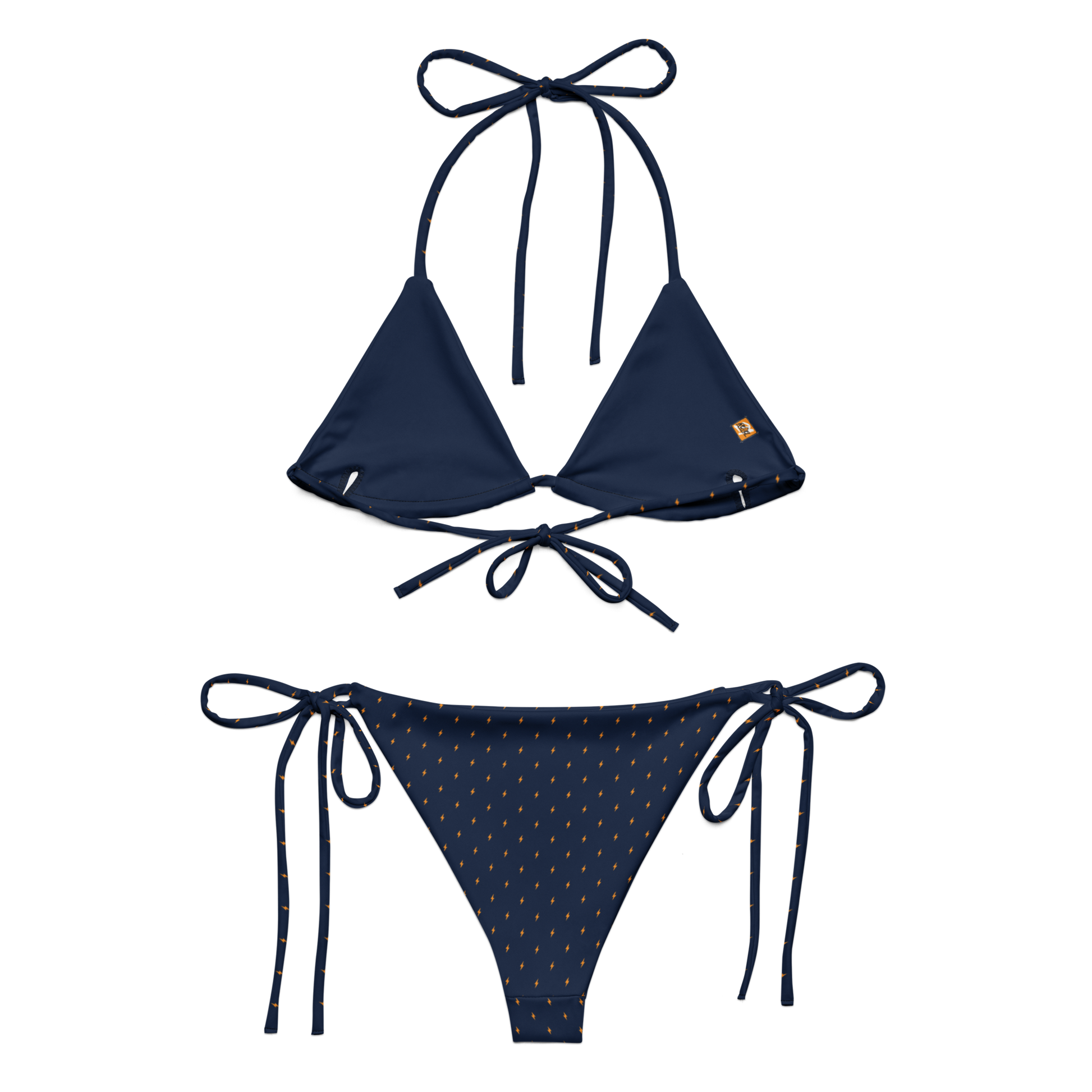 Back view of a navy blue bitcoin bikini.