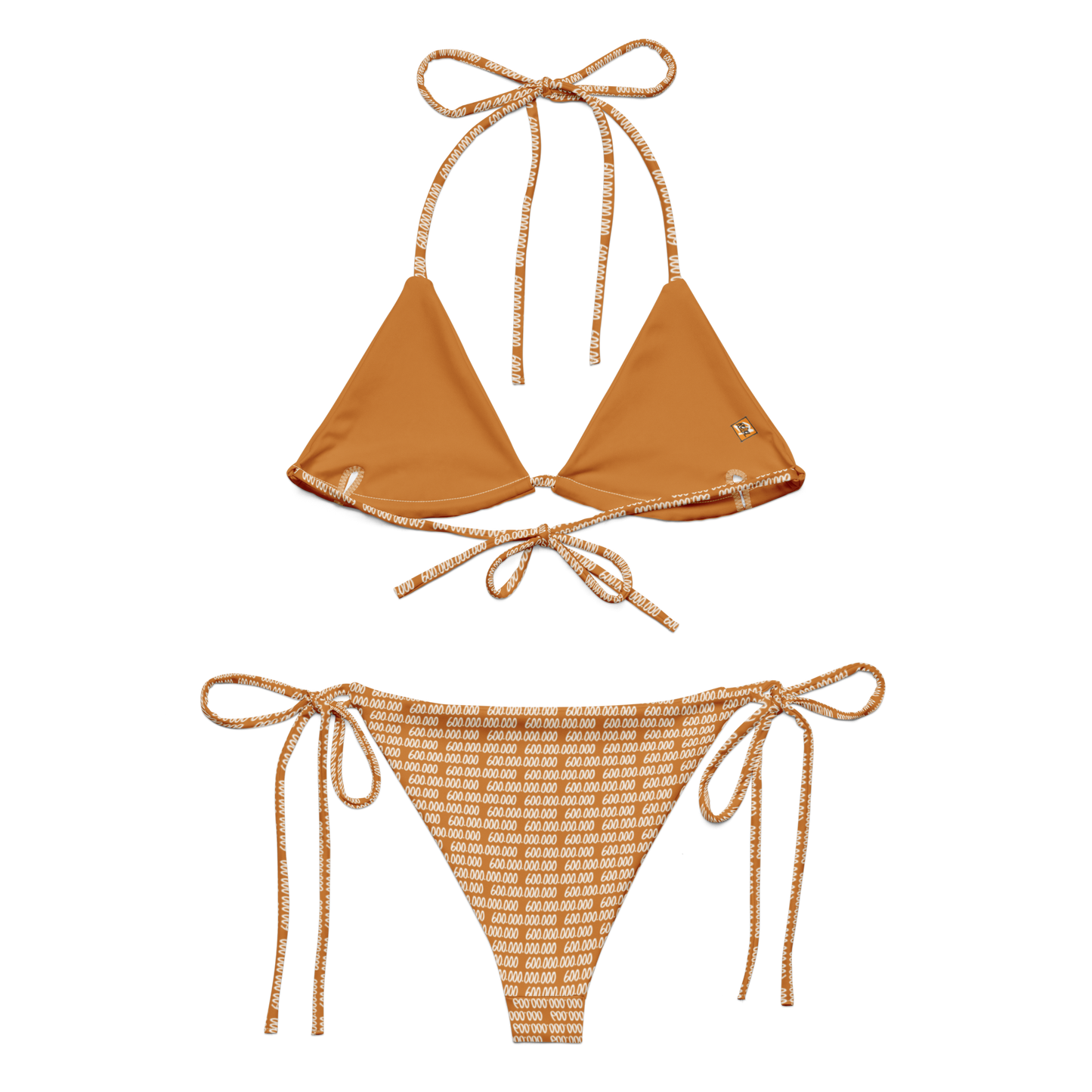 Back view of an orange bitcoin bikini.