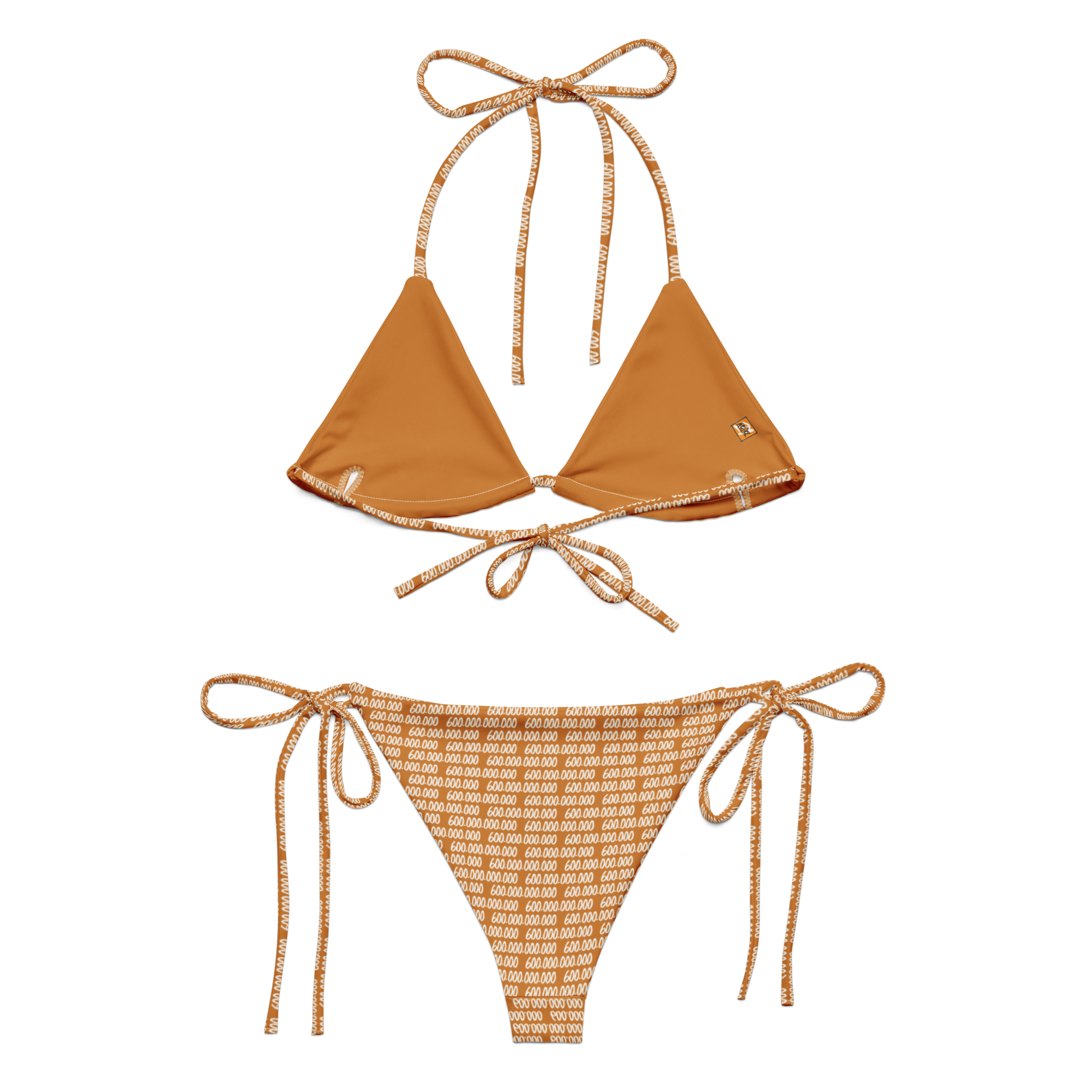 Back view of an orange bitcoin bikini.