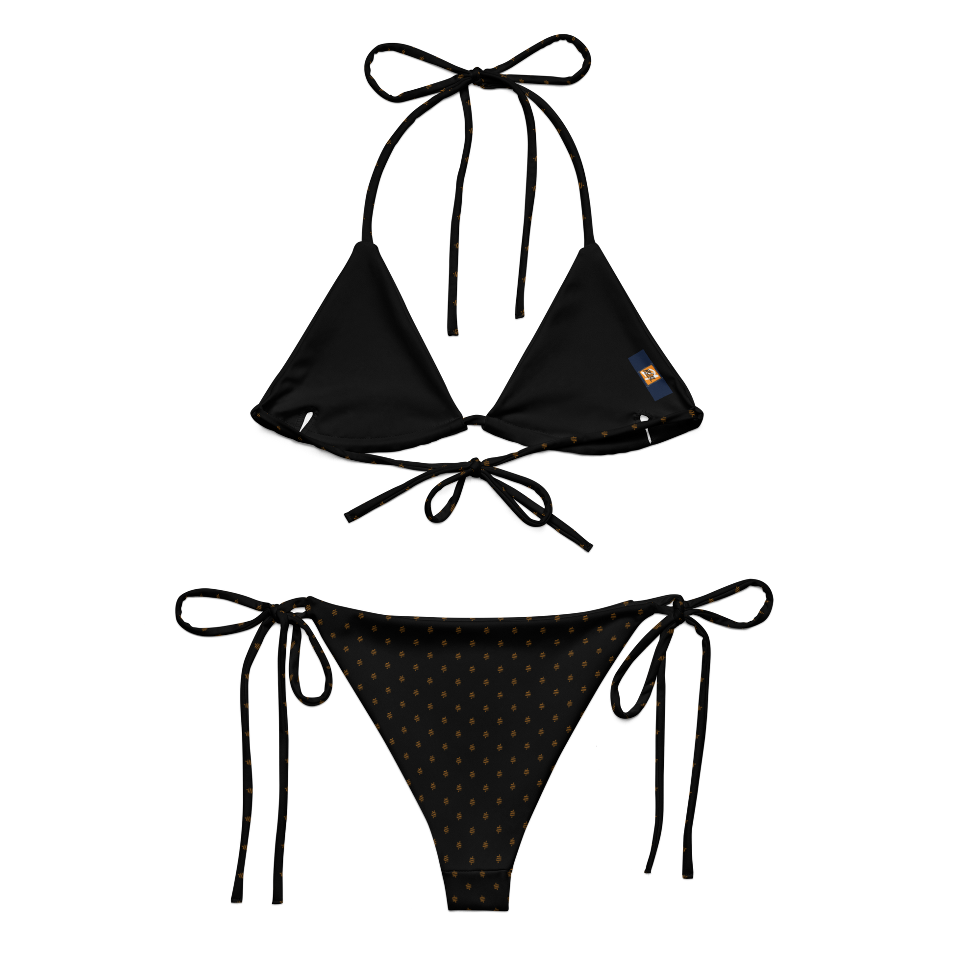 Back view of a black bitcoin bikini.