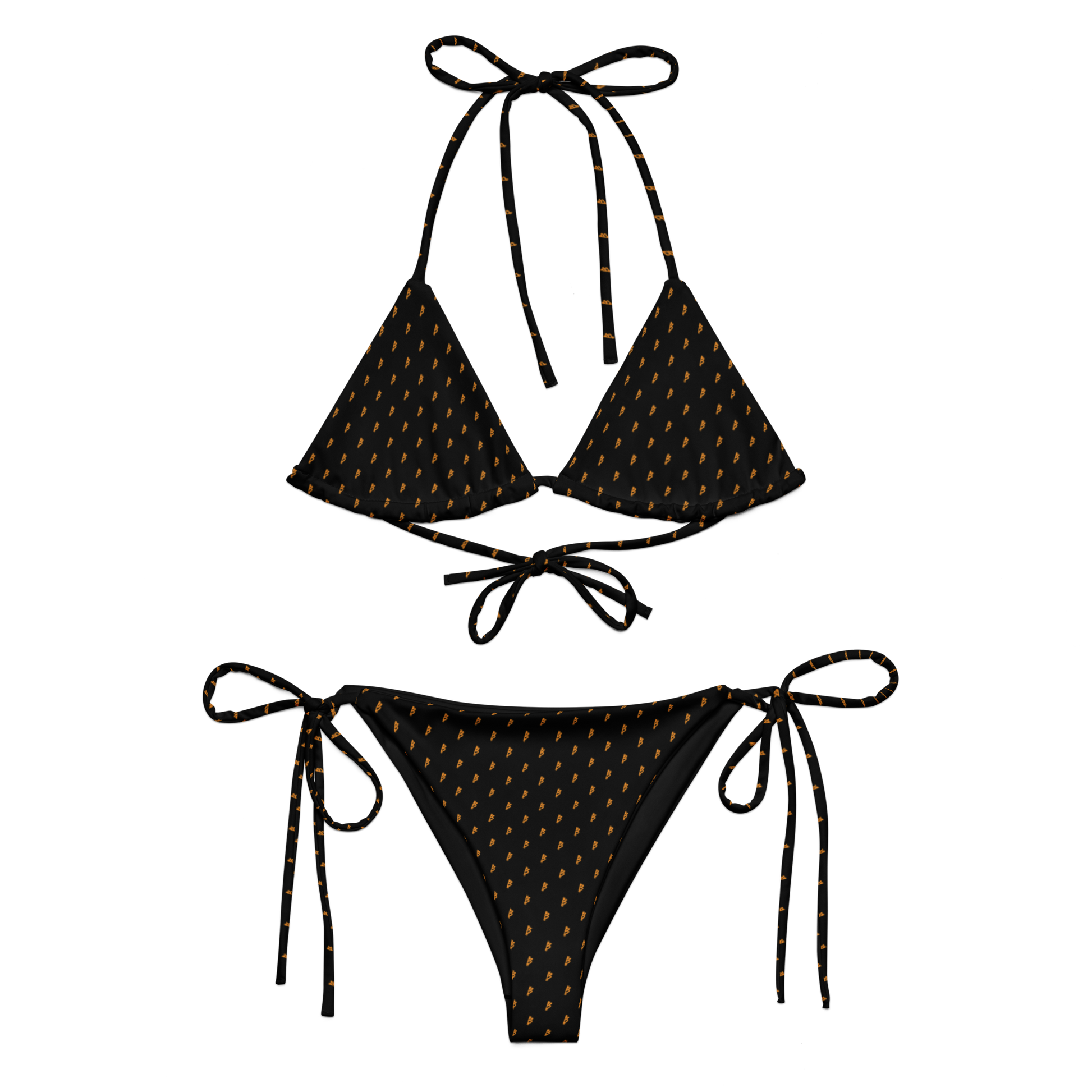 Front view of a black bitcoin bikini.