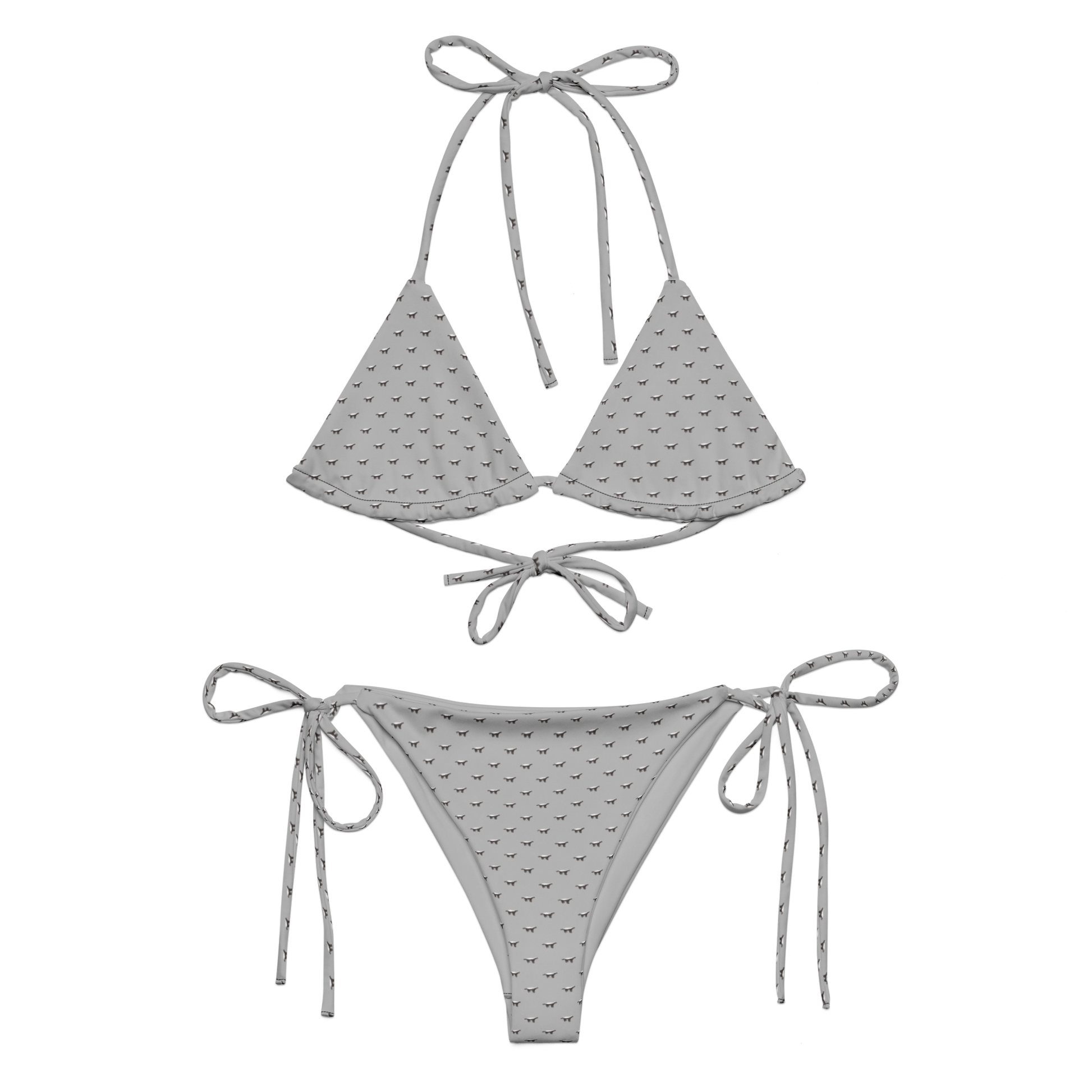 Front view of a silver bitcoin bikini.