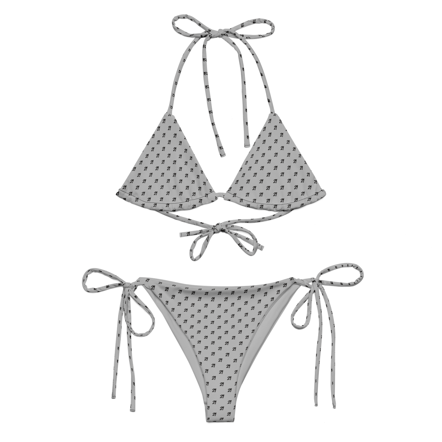 Front view of a silver bitcoin bikini.