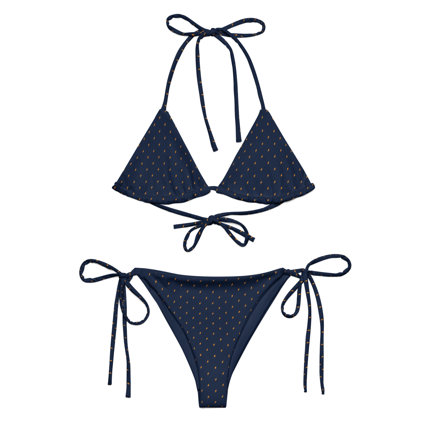 Front view of a navy blue bitcoin bikini.