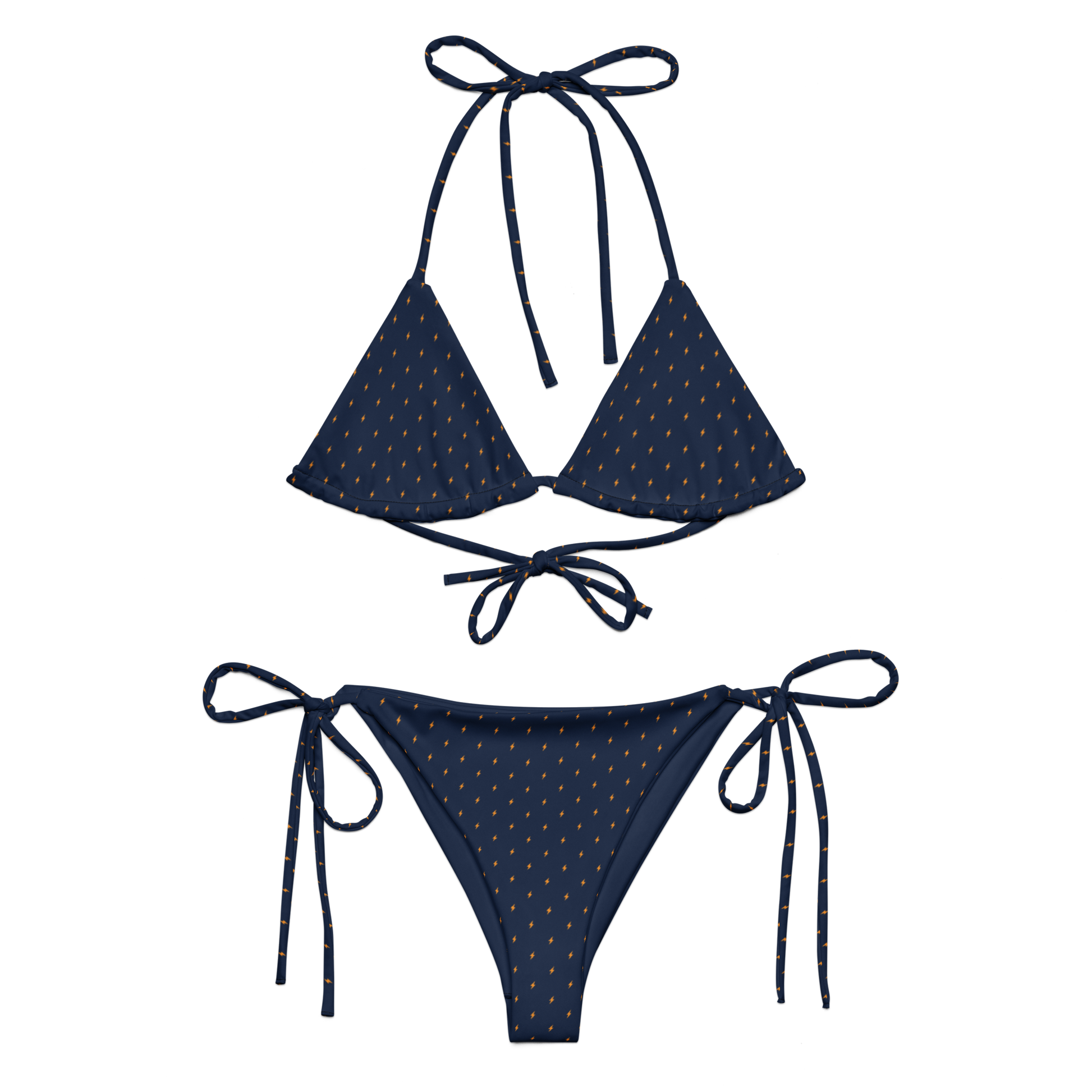 Front view of a navy blue bitcoin bikini.