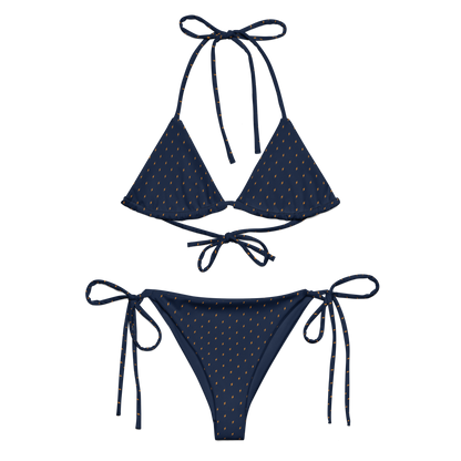 Front view of a navy blue bitcoin bikini.