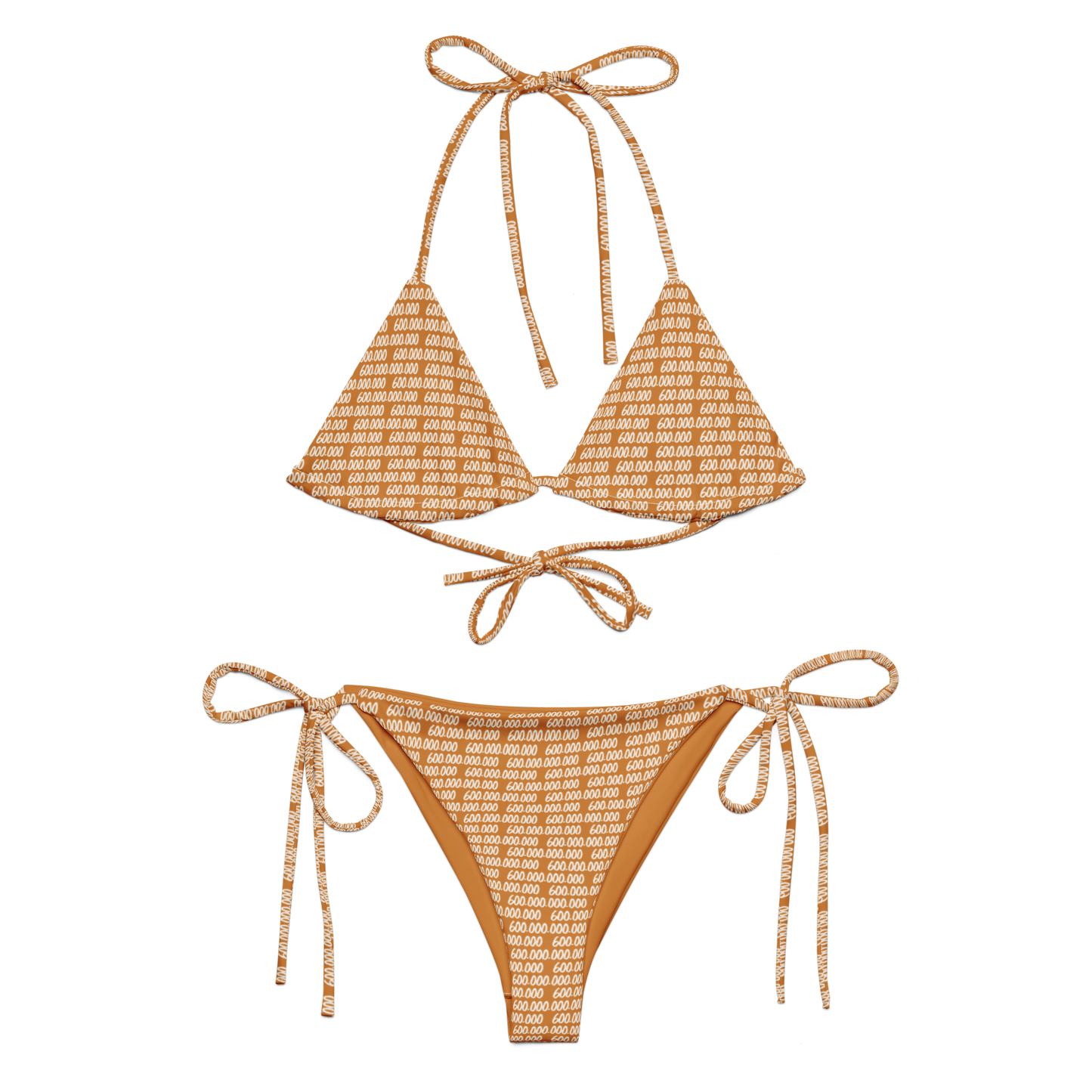 Front view of an orange bitcoin bikini.