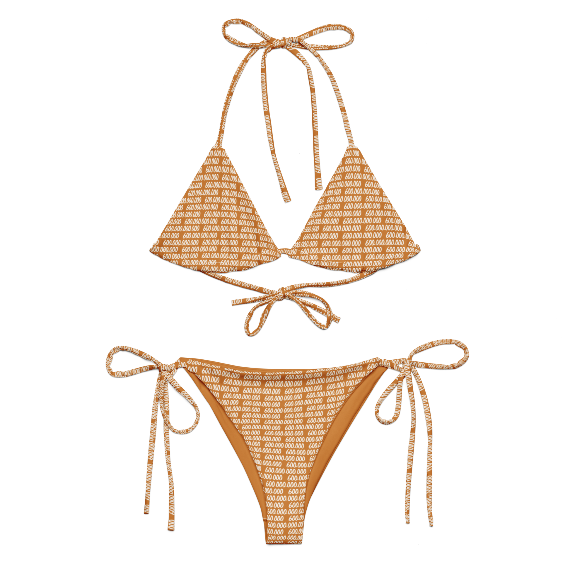 Front view of an orange bitcoin bikini.