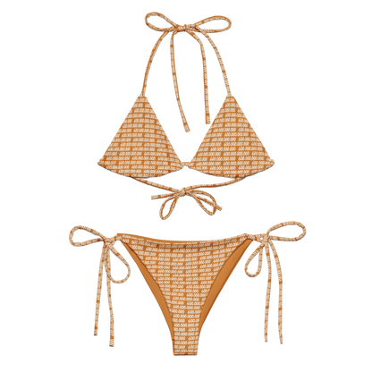 Front view of an orange bitcoin bikini.