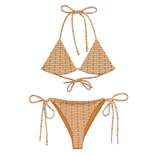 Front view of an orange bitcoin bikini.