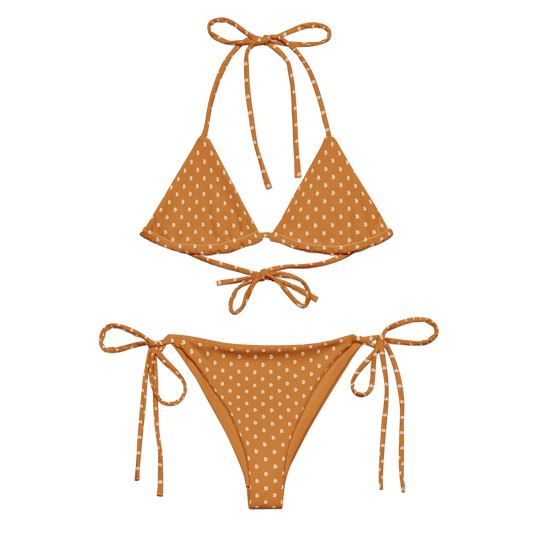 Front view of an orange bitcoin bikini.