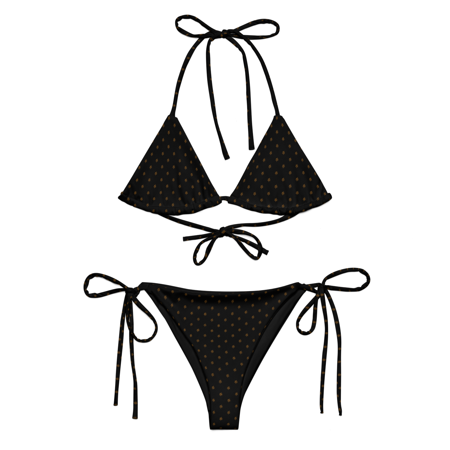 Front view of a black bitcoin bikini.