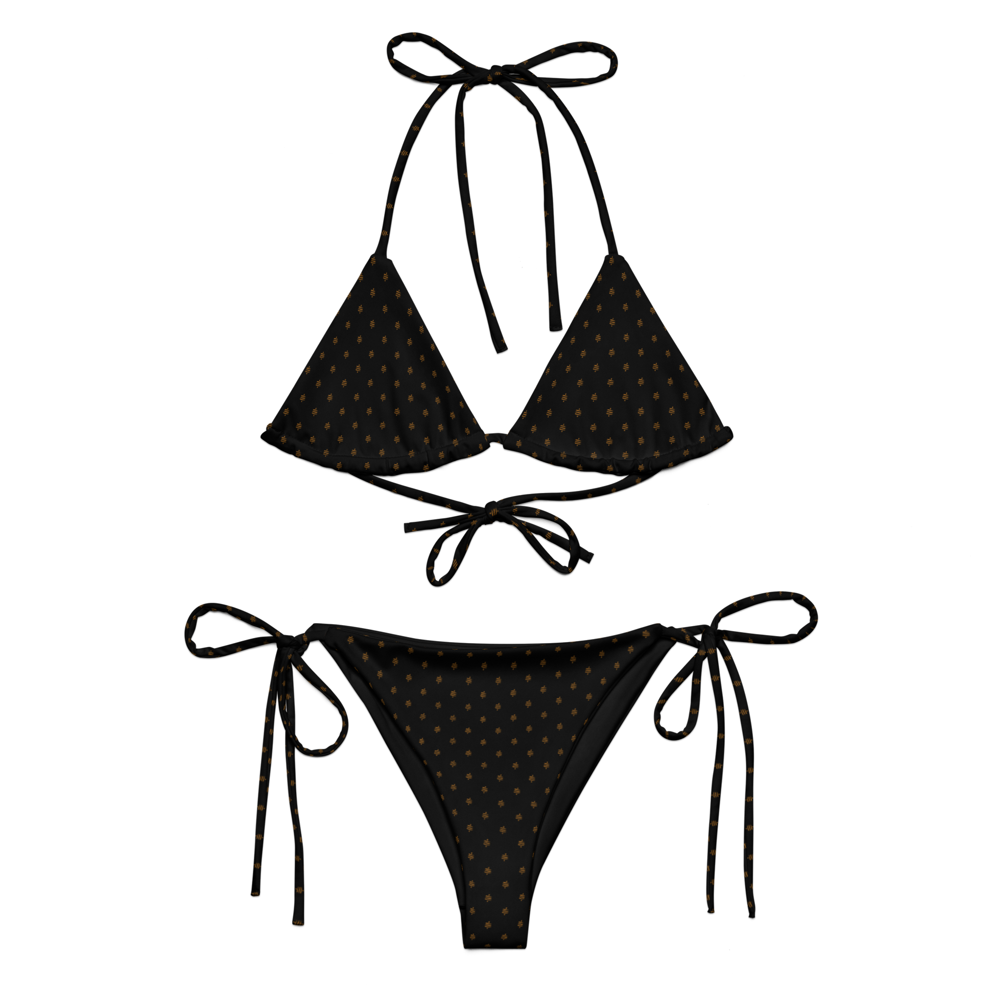 Front view of a black bitcoin bikini.