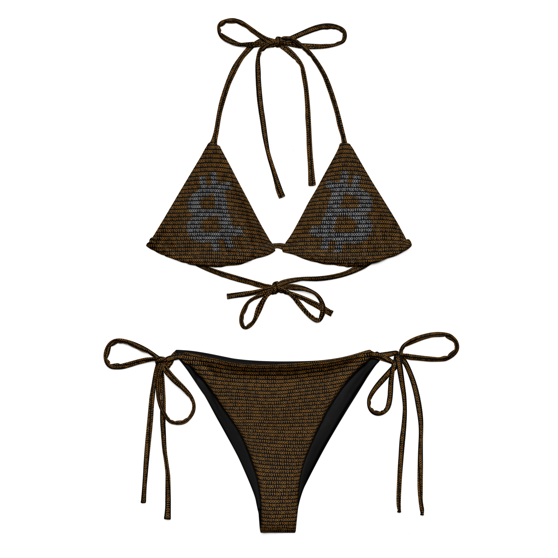 Front view of a black bitcoin bikini.