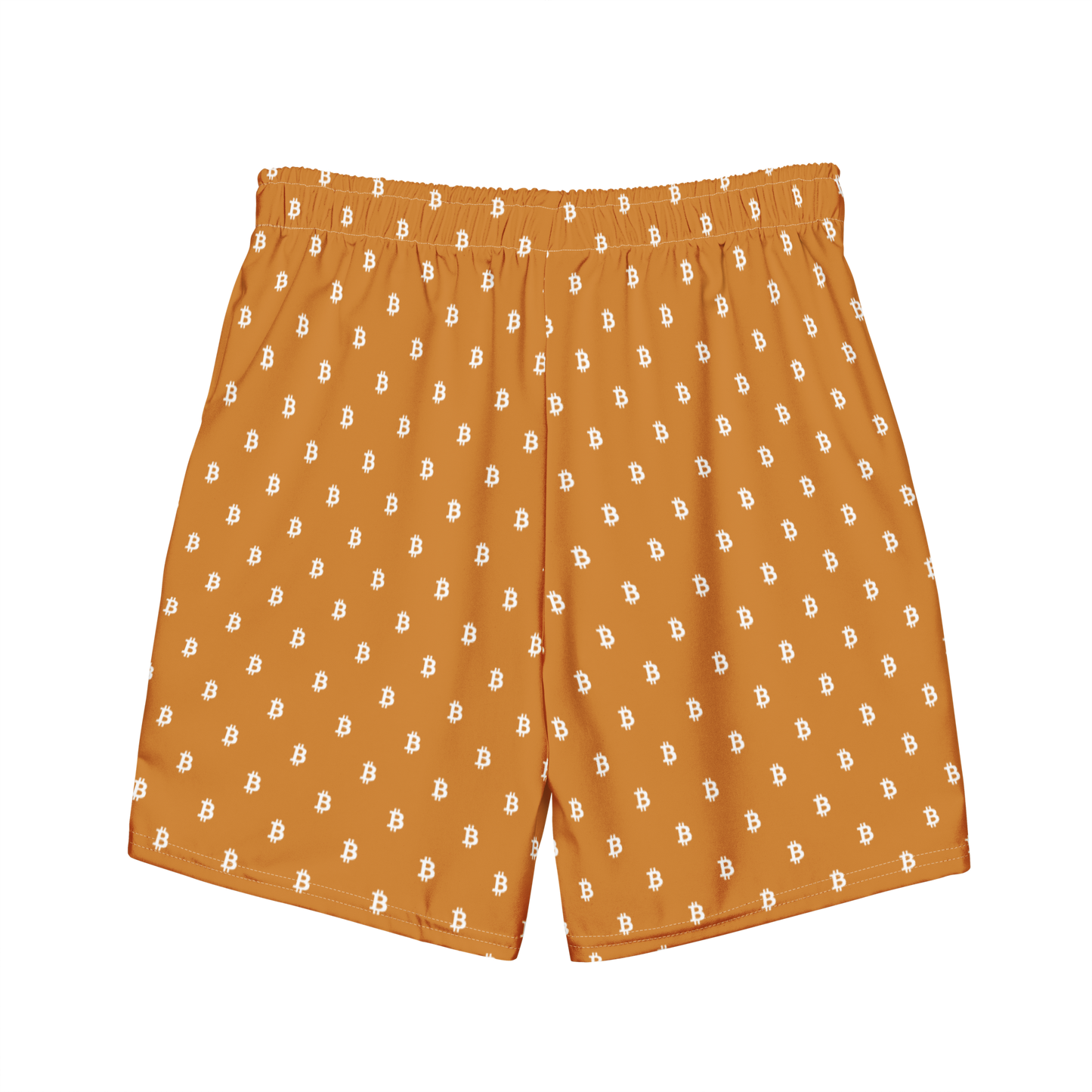 Back view of orange bitcoin swim trunks.