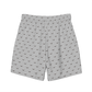 Back view of silver bitcoin swim trunks.