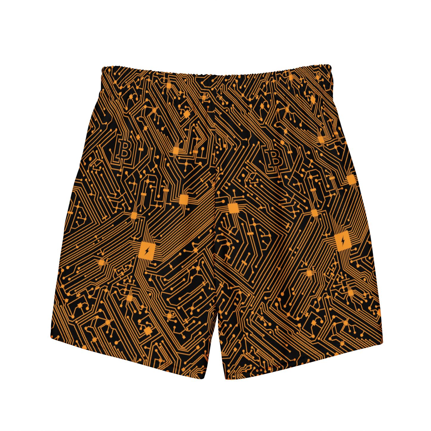 Back view of black bitcoin swim trunks.