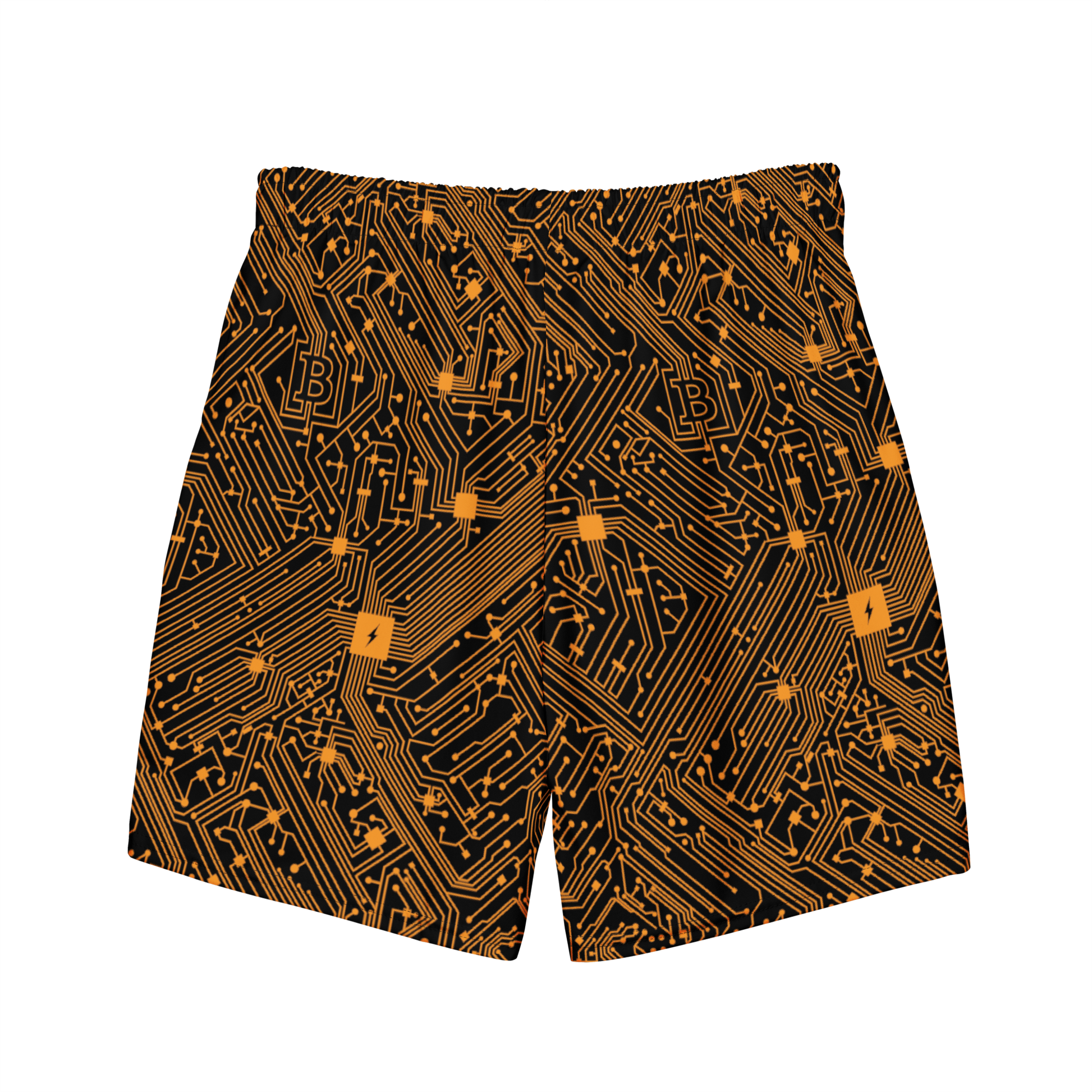 Back view of black bitcoin swim trunks.