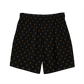 Back view of black bitcoin swim trunks.