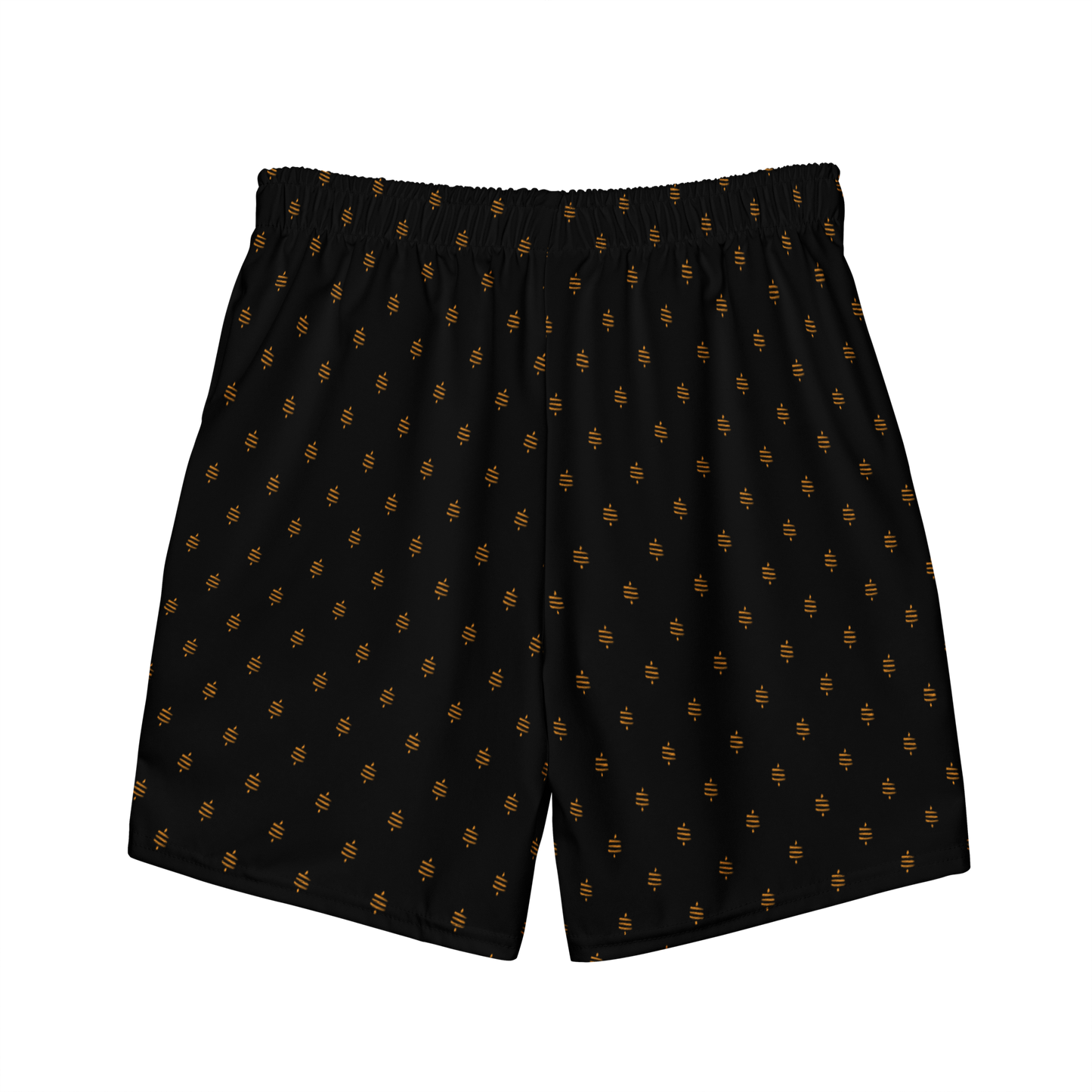 Back view of black bitcoin swim trunks.