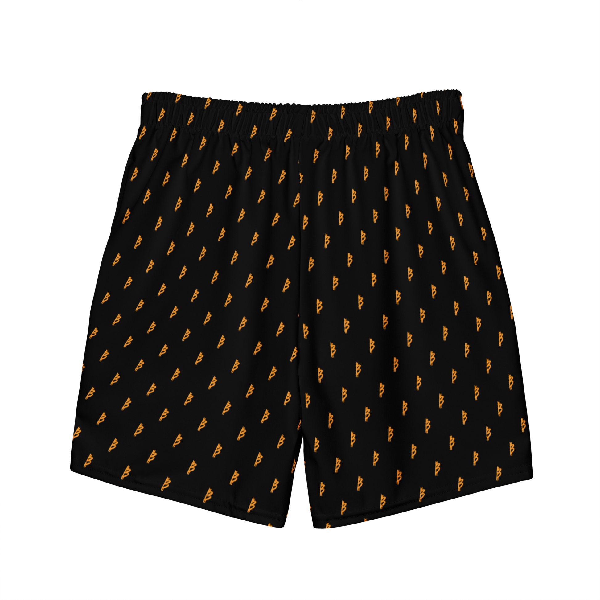 Back view of black bitcoin swim trunks.