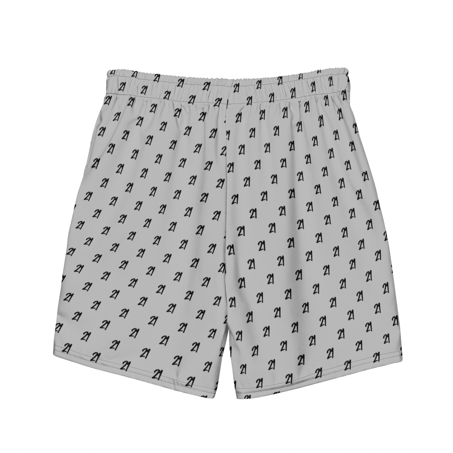 Front view of silver bitcoin swim trunks.