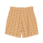 Back view of orange bitcoin swim trunks.