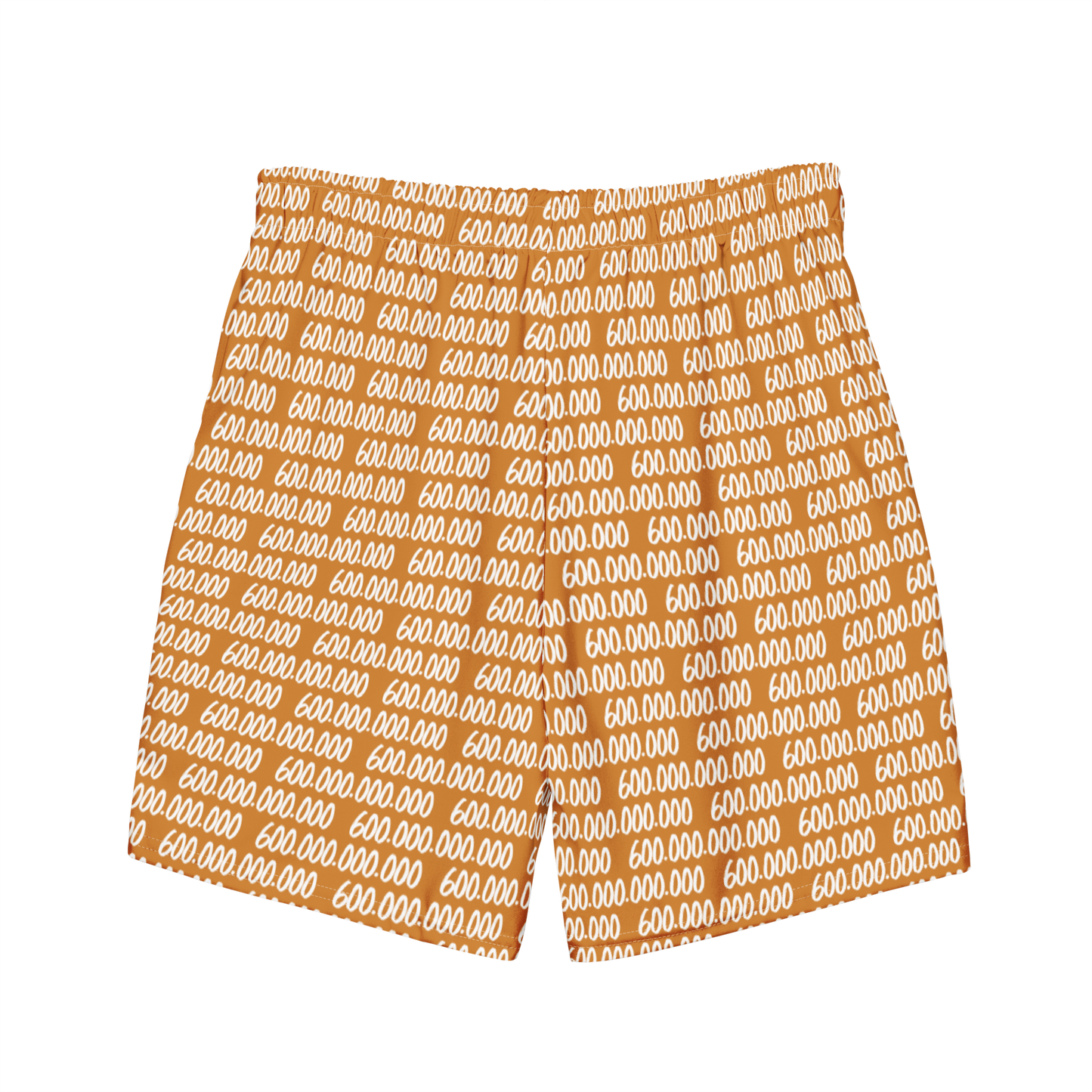 Back view of orange bitcoin swim trunks.