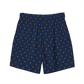 Back view of navy blue bitcoin swim trunks.