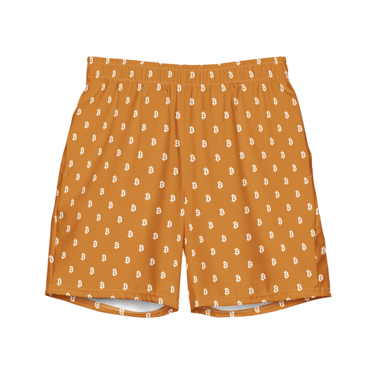 Front view of orange bitcoin swim trunks.