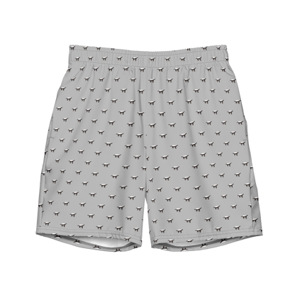 Front view of silver bitcoin swim trunks.