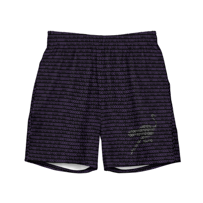 Front view of black nostr swim trunks.