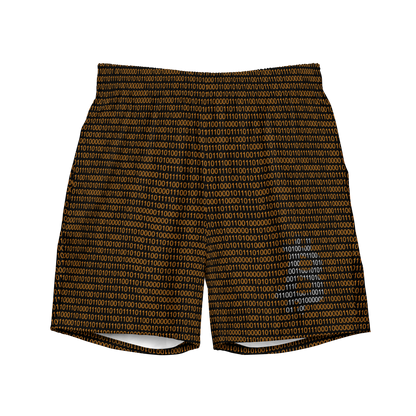 Front view of black bitcoin swim trunks.