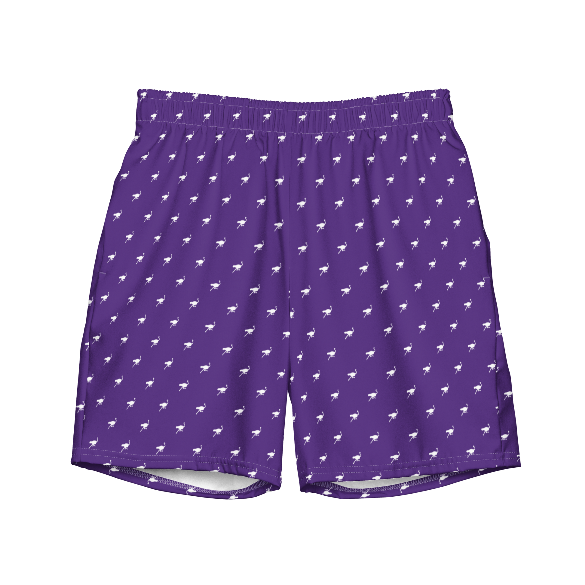 Front view of purple nostr swim trunks.