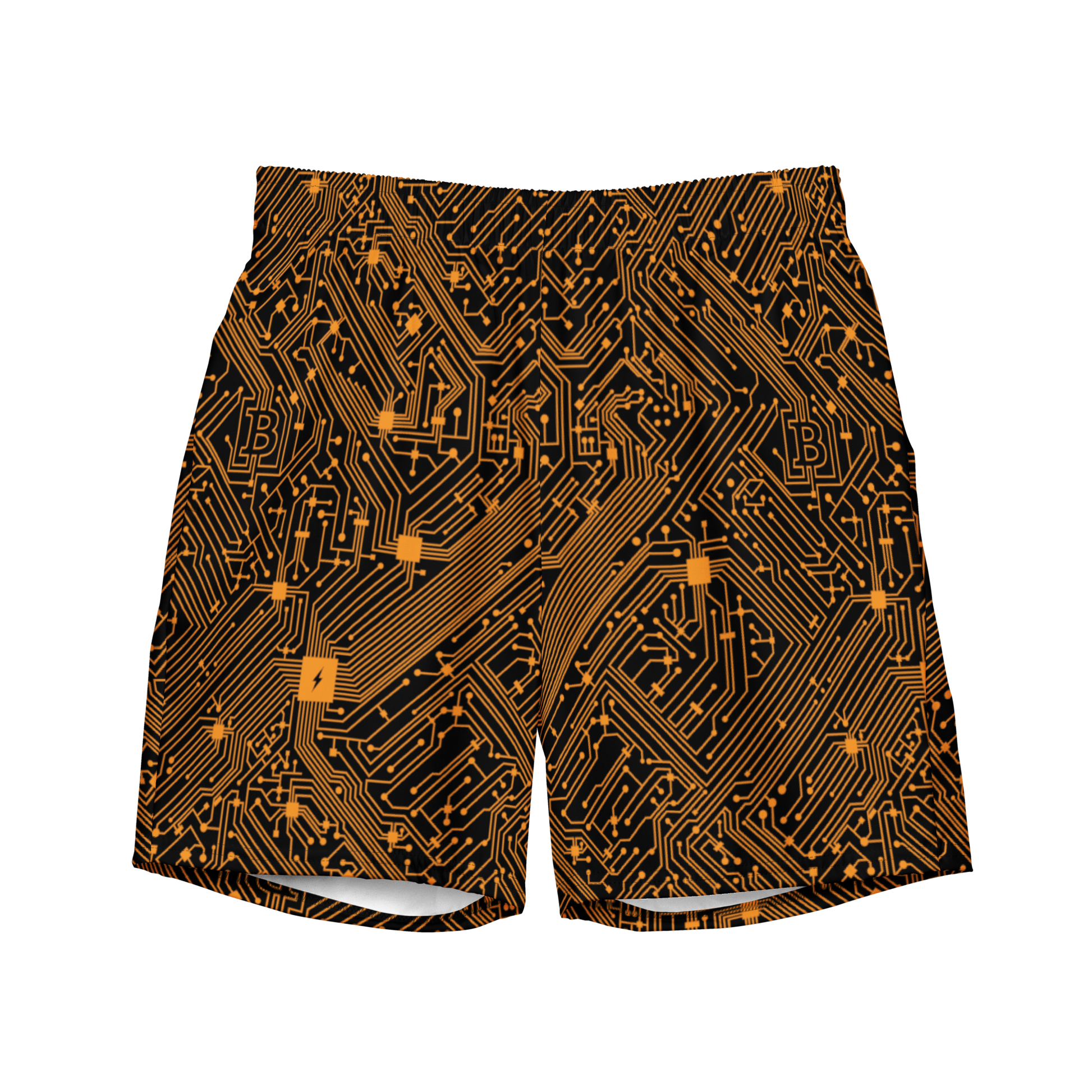 Front view of black bitcoin swim trunks.