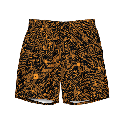 Front view of black bitcoin swim trunks.