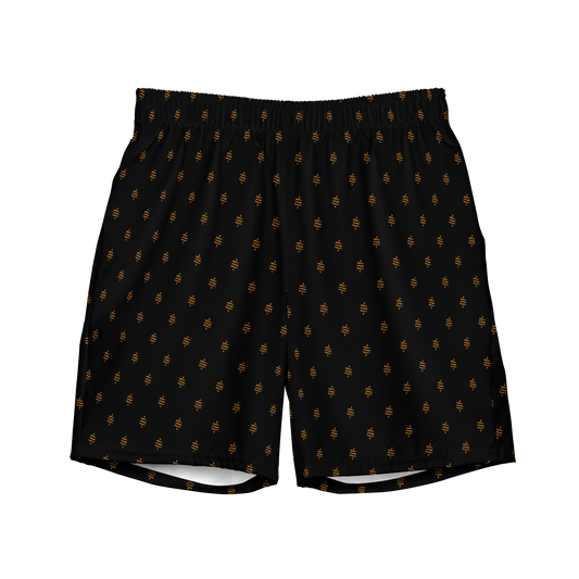 Front view of black bitcoin swim trunks.