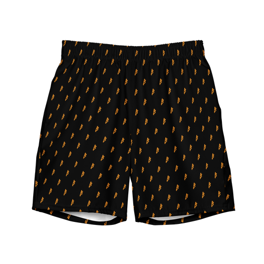 Front view of black bitcoin swim trunks.