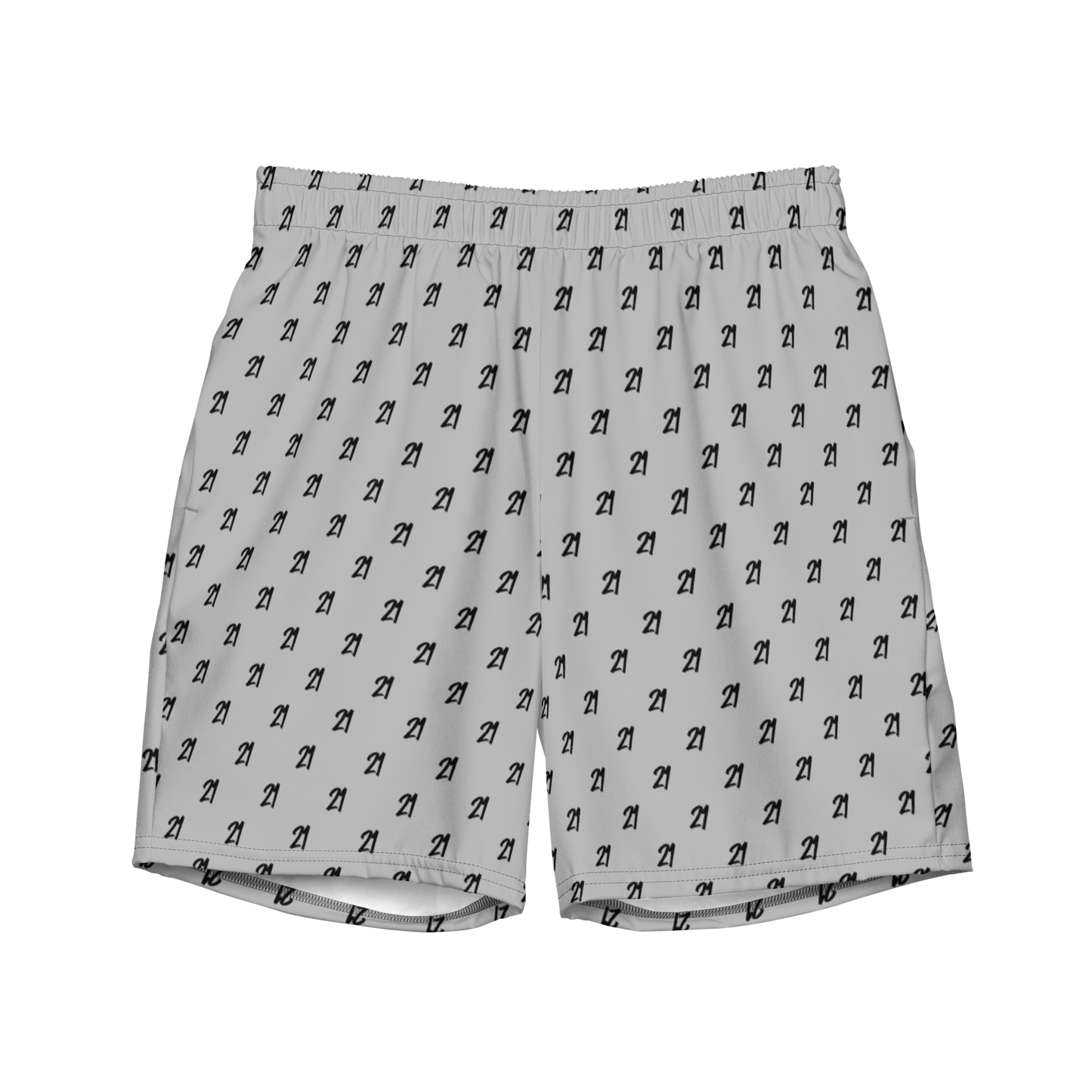 Front view of silver bitcoin swim trunks.