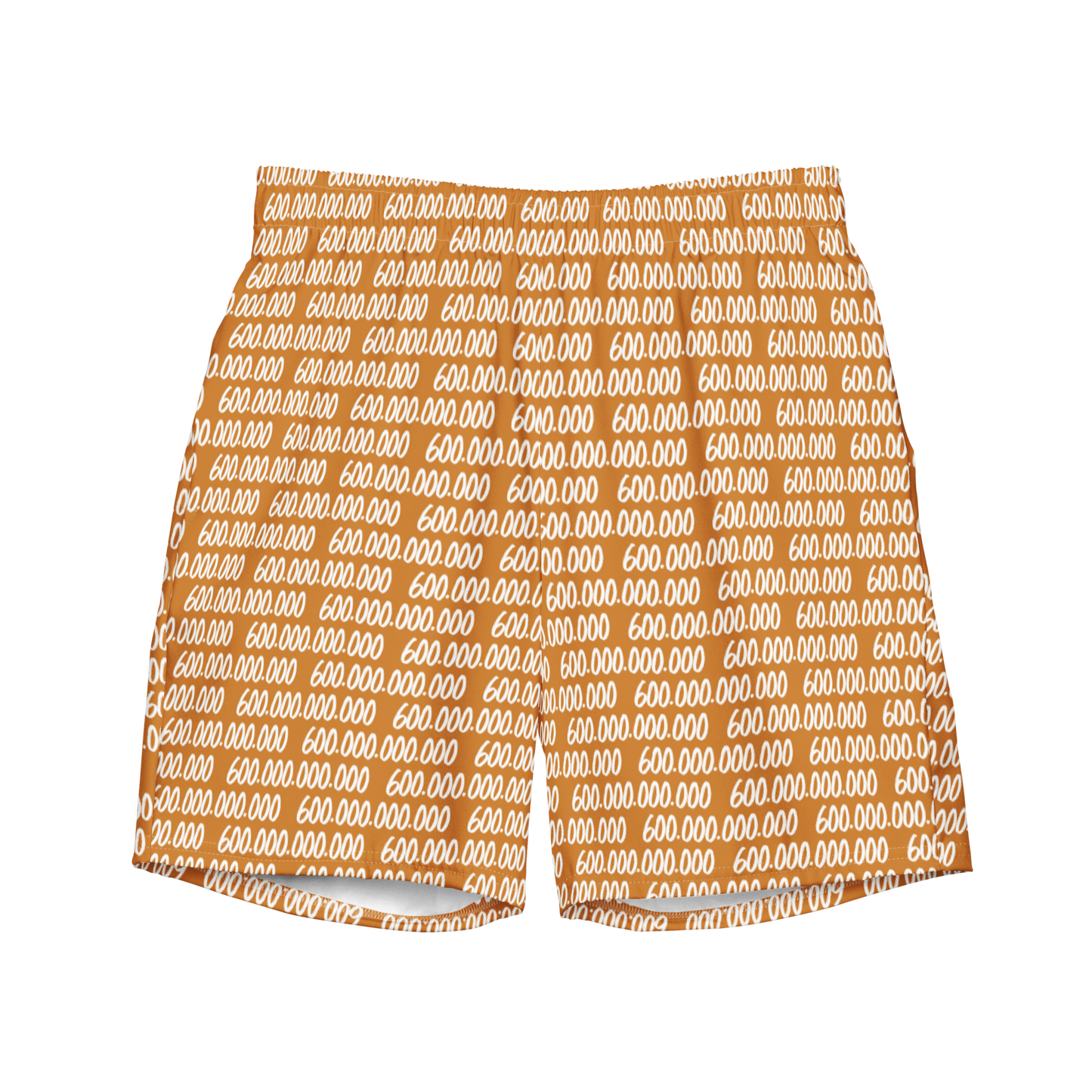 Front view of orange bitcoin swim trunks.