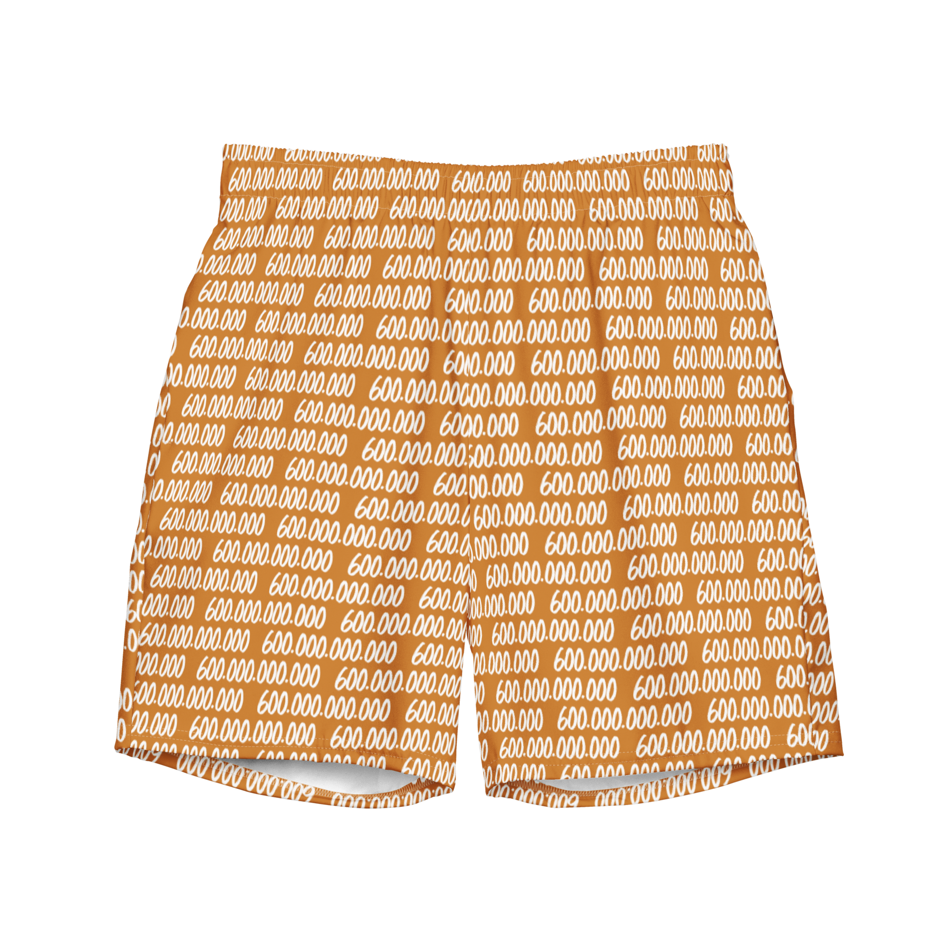 Front view of orange bitcoin swim trunks.