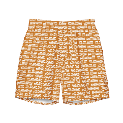 Front view of orange bitcoin swim trunks.