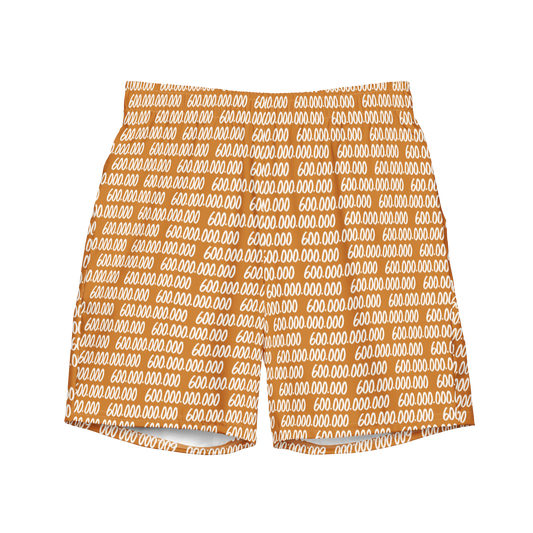 Front view of orange bitcoin swim trunks.