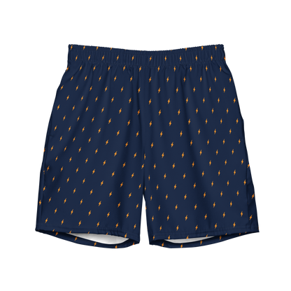 Front view of navy blue bitcoin swim trunks.