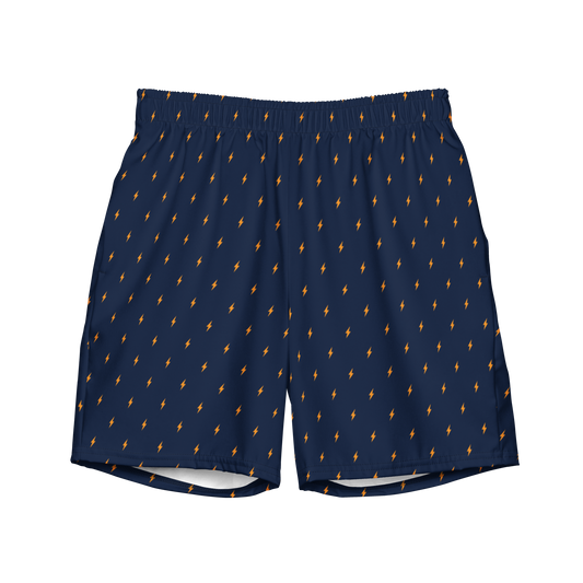 Front view of navy blue bitcoin swim trunks.