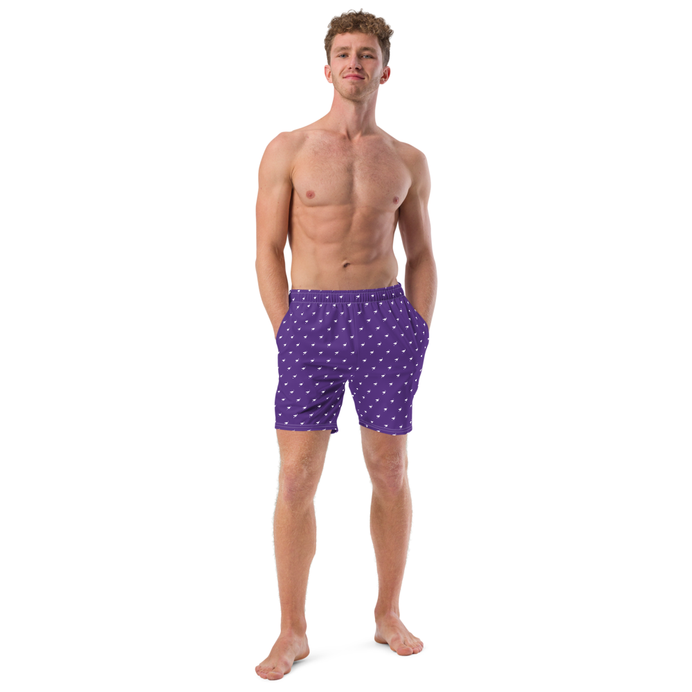 Front view of a man wearing a purple nostr swim trunks.