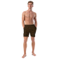 Front view of a man wearing a black bitcoin swim trunks.