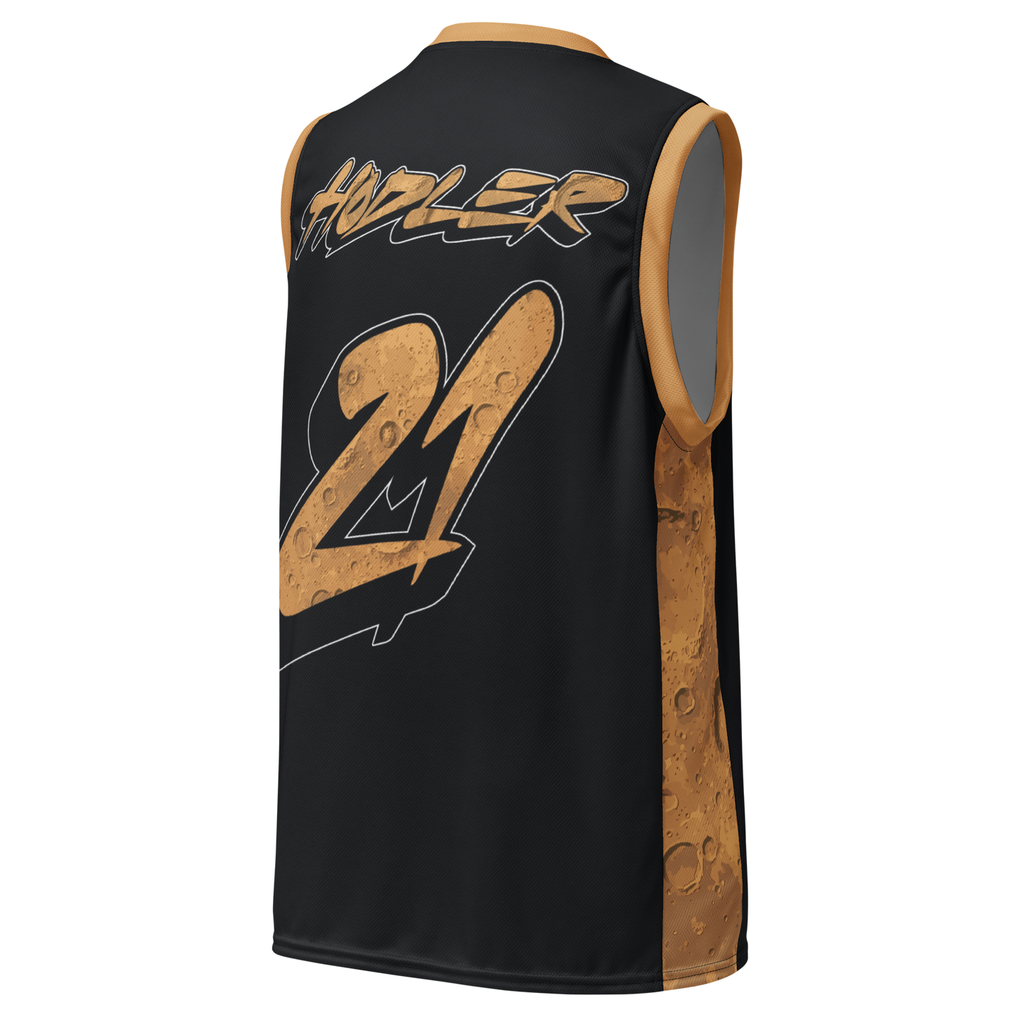 Back view of a bitcoin basketball jersey.