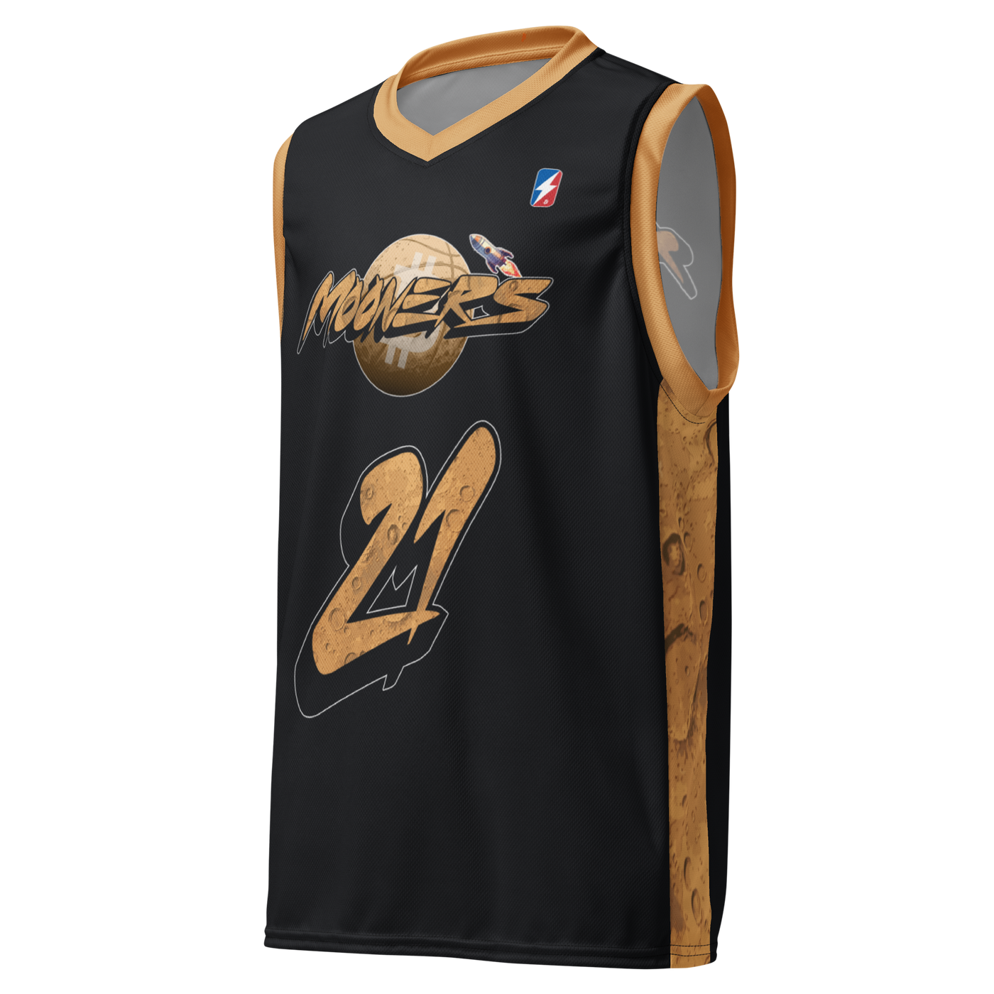 Mooners bitcoin basketball jersey, front view: a black basketball jersey with gold trim, the Mooners logo over a golden moon and the number 21.