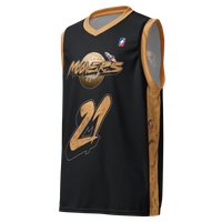 Mooners bitcoin basketball jersey, front view: a black basketball jersey with gold trim, the Mooners logo over a golden moon and the number 21.